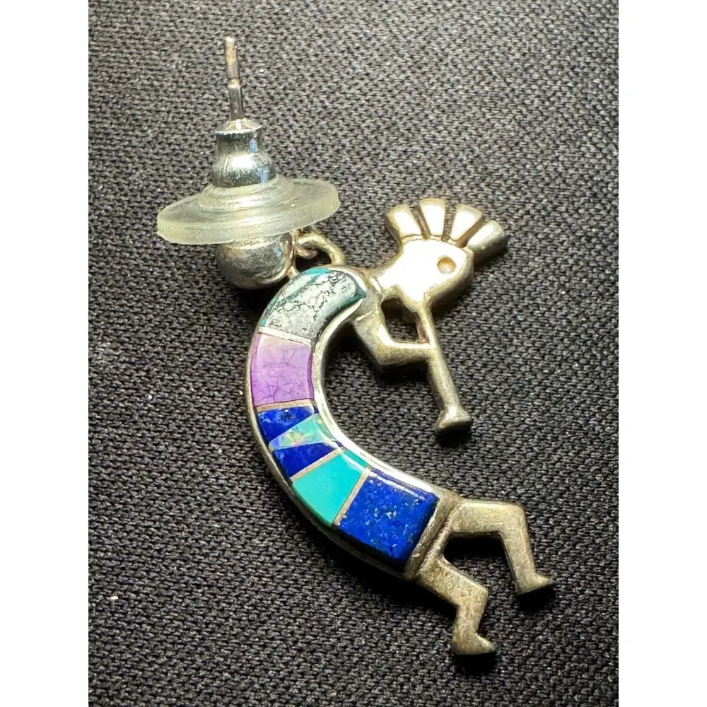 Sterling Navajo Kokopelli Earrings Signed by Artist Turquoise, Opal, Lapis
